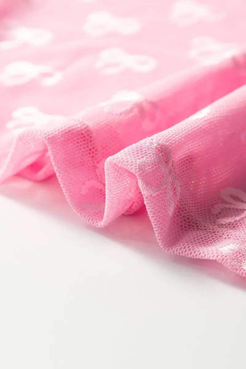 Pink Mesh Bow Pattern Long Sleeve Top for Women - Love Salve